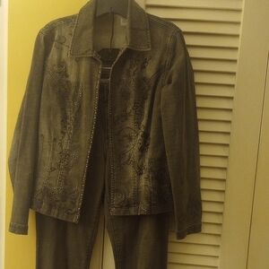 Chicos Denim Embellished Gray Denim Jacket And Matching Jeans Set